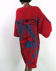 back view, 80s red silk shift dress with kimono sleeves