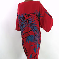 back view, 80s red silk shift dress with kimono sleeves