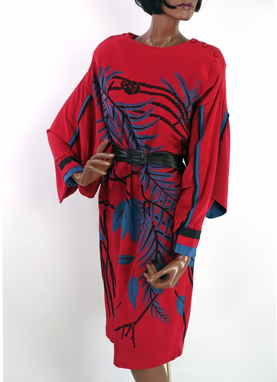 dramatic 80s vintage silk dress, red with oversized print