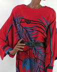 bodice, 1980s dramtic red silk dress with kimono sleeves by Sue Wong