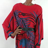 bodice, 1980s dramtic red silk dress with kimono sleeves by Sue Wong