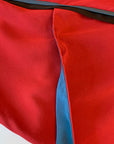 another close up, 80s red silk dress with black and teal accents