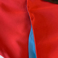 another close up, 80s red silk dress with black and teal accents