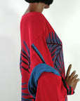 kimono sleeve detail, 80s red silk dress