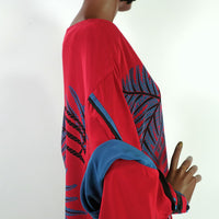 kimono sleeve detail, 80s red silk dress
