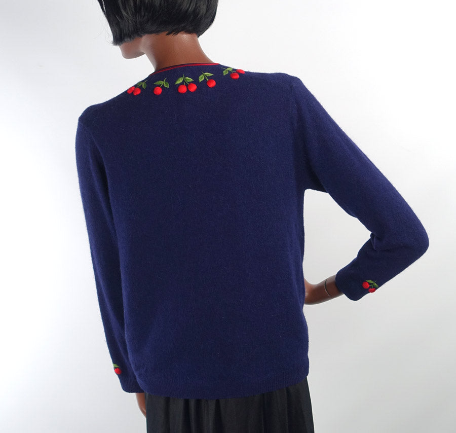 Women's 50s Cherries Cardigan Sweater Vintage Dark Blue Small to Medium VFG