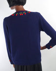 Women's 50s Cherries Cardigan Sweater Vintage Dark Blue Small to Medium VFG