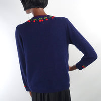 Women's 50s Cherries Cardigan Sweater Vintage Dark Blue Small to Medium VFG