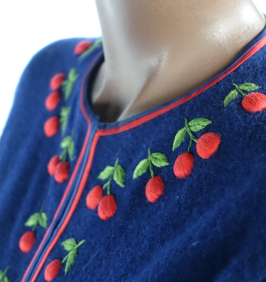 Women's 50s Cherries Cardigan Sweater Vintage Dark Blue Small to Medium VFG