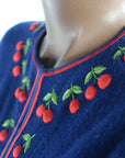 Women's 50s Cherries Cardigan Sweater Vintage Dark Blue Small to Medium VFG