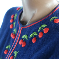 Women's 50s Cherries Cardigan Sweater Vintage Dark Blue Small to Medium VFG