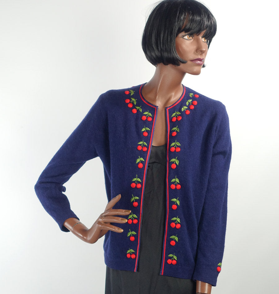 Women's 50s Cherries Cardigan Sweater Vintage Dark Blue Small to Medium VFG