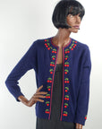 Women's 50s Cherries Cardigan Sweater Vintage Dark Blue Small to Medium VFG