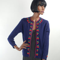 Women's 50s Cherries Cardigan Sweater Vintage Dark Blue Small to Medium VFG