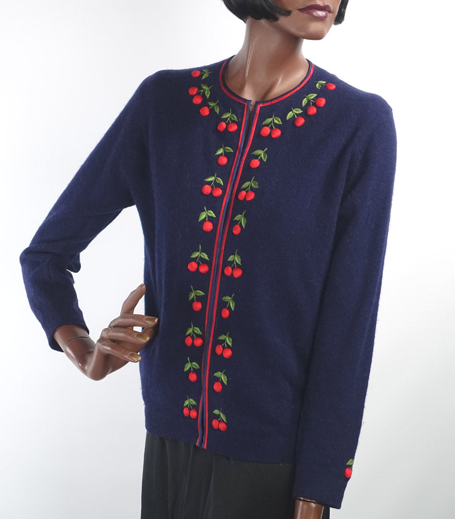 Women's 50s Cherries Cardigan Sweater Vintage Dark Blue Small to Medium VFG