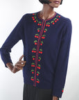 Women's 50s Cherries Cardigan Sweater Vintage Dark Blue Small to Medium VFG