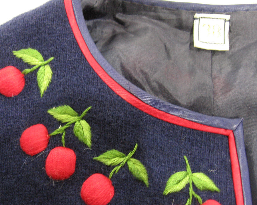 Women&#39;s 50s Cherries Cardigan Sweater Vintage Dark Blue Small to Medium VFG