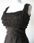 fringe covered bodice, 1960s LBD black wiggle dress