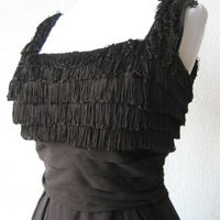 fringe covered bodice, 1960s LBD black wiggle dress