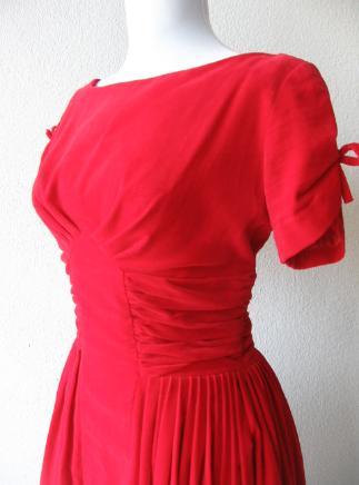 bodice closeup, red 50s party dress with ruched corselet style waist