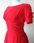 bodice closeup, red 50s party dress with ruched corselet style waist