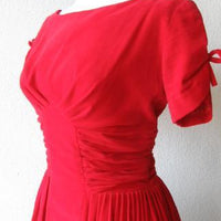 bodice closeup, red 50s party dress with ruched corselet style waist