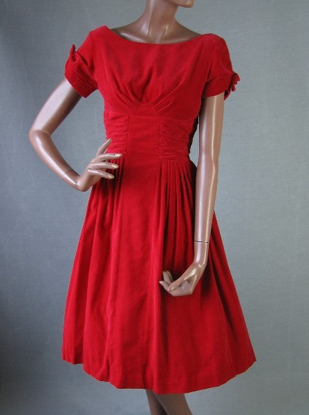 1950s red velvet full skirt vintage cocktail dress