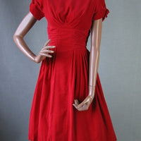 1950s red velvet full skirt vintage cocktail dress