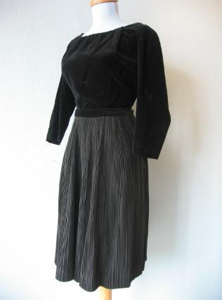 another view, 50s cocktail outfit LBD velveteen top and taffeta skirt