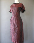 Women's Vintage 50s Dress Red Flocked Sharkskin Taffeta Cocktail Party Medium VFG