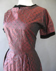 Women's Vintage 50s Dress Red Flocked Sharkskin Taffeta Cocktail Party Medium VFG