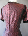 Women's Vintage 50s Dress Red Flocked Sharkskin Taffeta Cocktail Party Medium VFG