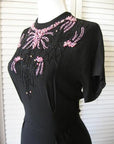 vintage 40s black dress pink beaded 