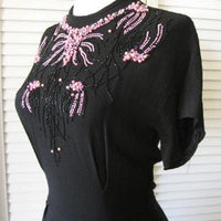 vintage 40s black dress pink beaded 