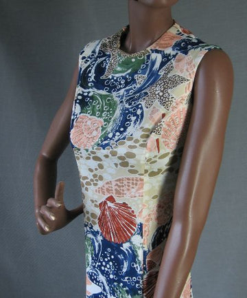 bodice, 1970s maxi dress in ocean seashells print