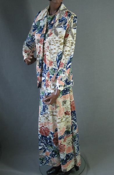 70s maxi dress and over shirt set disco-type poly jersey fabric