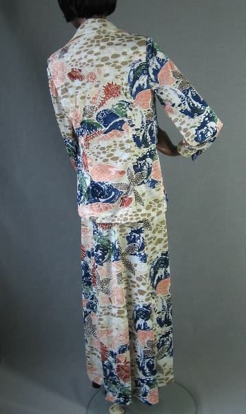 back view, 70s shirt over long dress in seashell ocean print