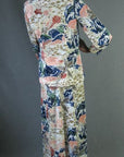 back view, 70s shirt over long dress in seashell ocean print