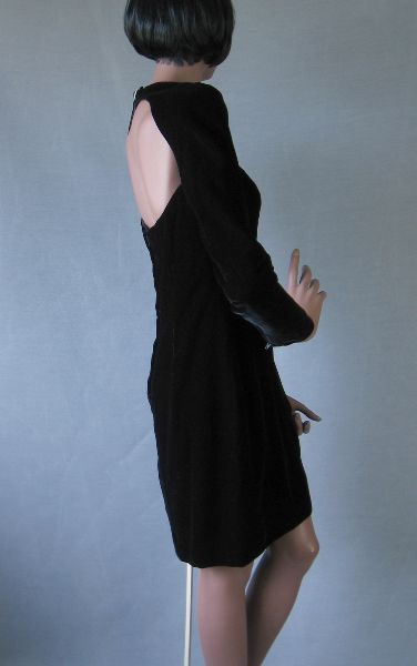 side view, 80s LBD little black mini dress with open back