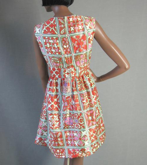 back view, tile pattern colorful mini babydoll dress