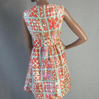 back view, tile pattern colorful mini babydoll dress