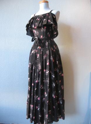 50s Women&#39;s Sun Dress Cold Shoulder Ruffle Full Skirt Vintage Abtract Print Medium VFG