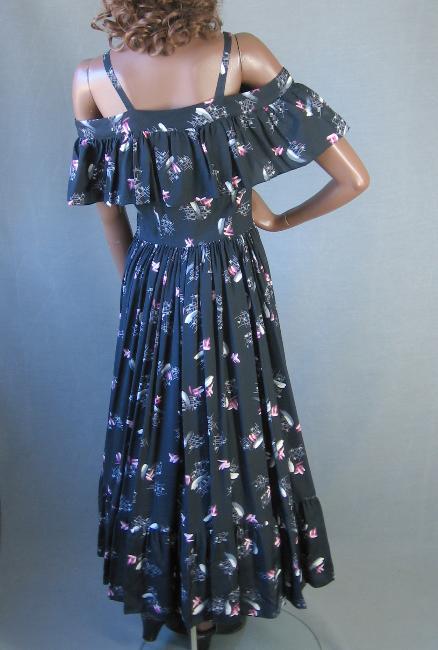 50s Women&#39;s Sun Dress Cold Shoulder Ruffle Full Skirt Vintage Abtract Print Medium VFG