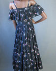 50s Women's Sun Dress Cold Shoulder Ruffle Full Skirt Vintage Abtract Print Medium VFG