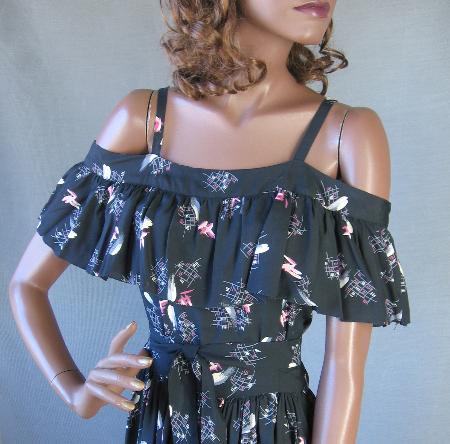 50s Women's Sun Dress Cold Shoulder Ruffle Full Skirt Vintage Abtract Print Medium VFG