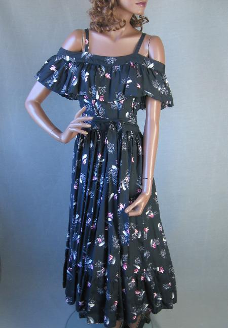 50s Women&#39;s Sun Dress Cold Shoulder Ruffle Full Skirt Vintage Abtract Print Medium VFG