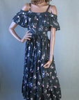 50s Women's Sun Dress Cold Shoulder Ruffle Full Skirt Vintage Abtract Print Medium VFG