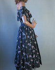 50s Women's Sun Dress Cold Shoulder Ruffle Full Skirt Vintage Abtract Print Medium VFG