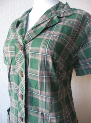 bodice, green and gray plaid 60s day dress