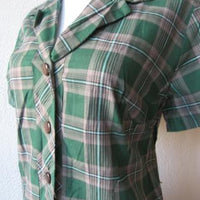 bodice, green and gray plaid 60s day dress